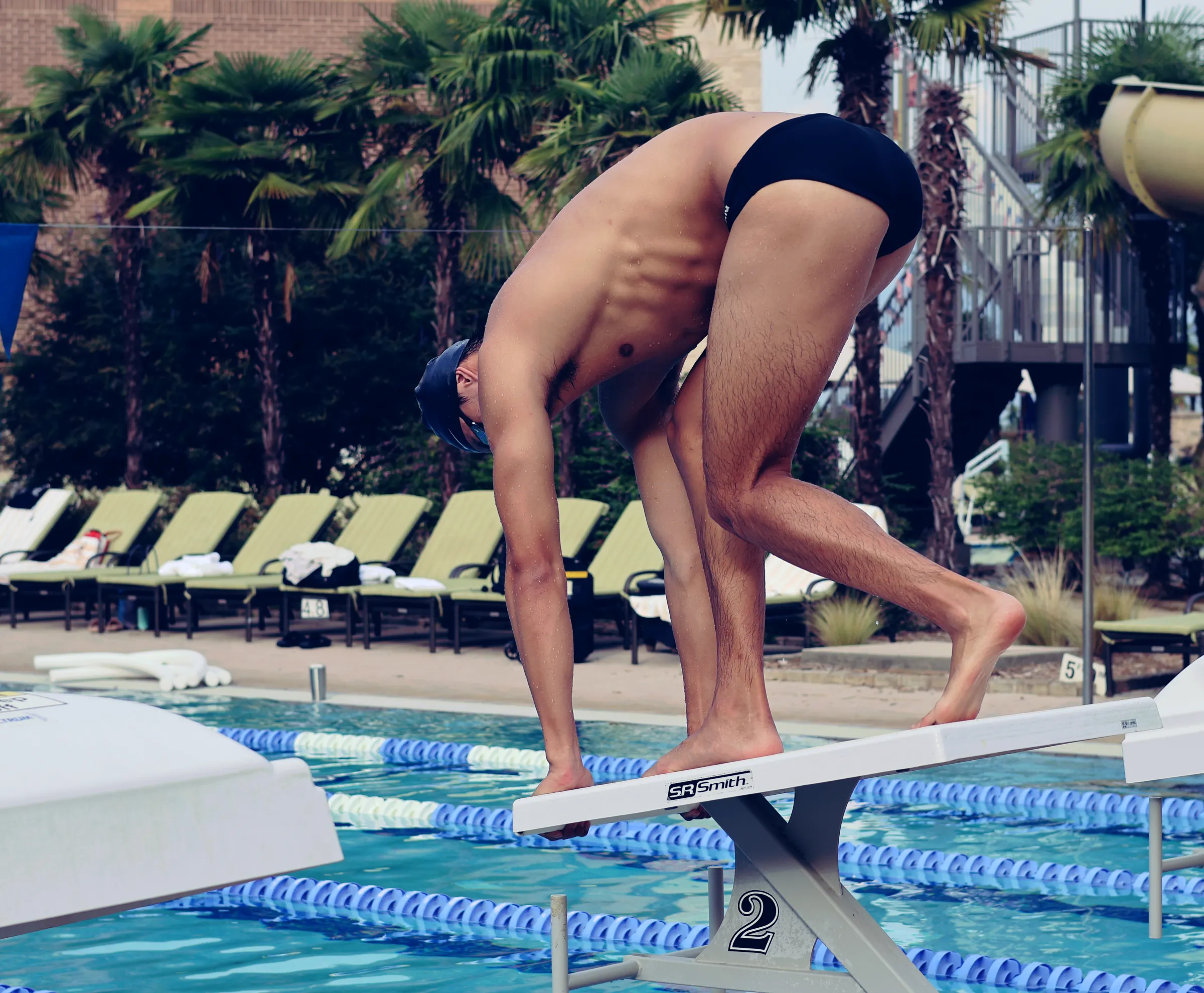 A swimmer set on the starting block, seen from behind, about to dive